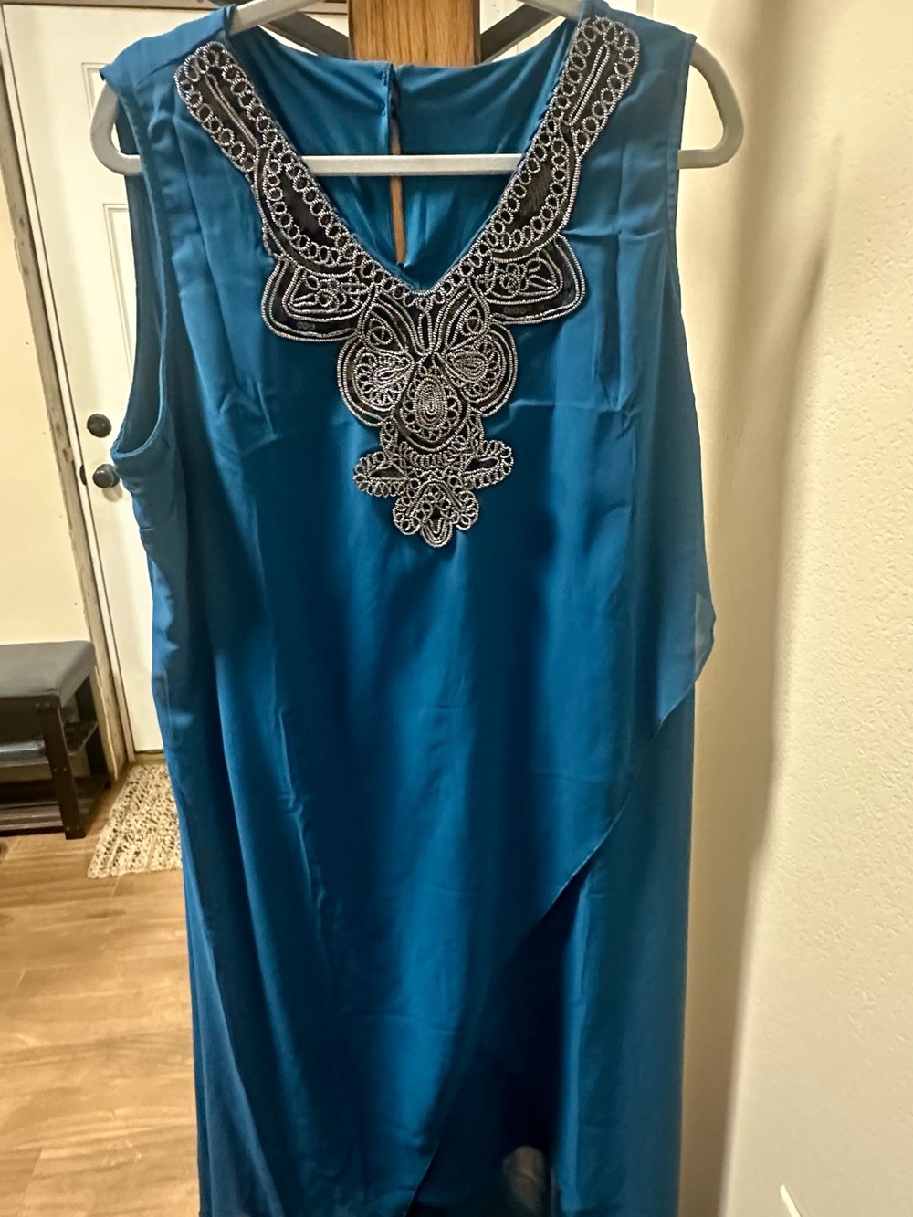 Beaded Teal Maxi Dress with Embroidered V-Neck